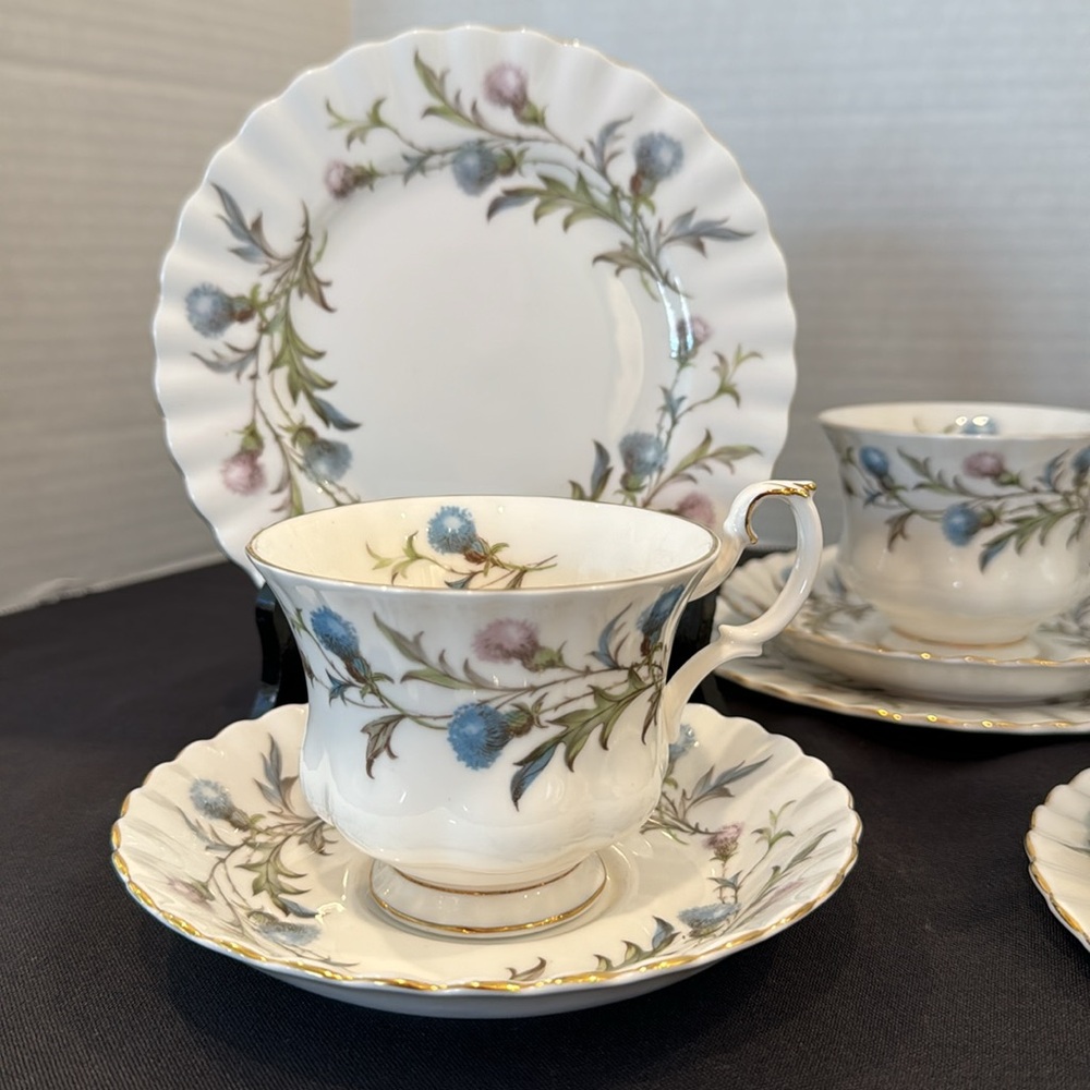 Royal Albert Brigadoon Teacup, Saucer, and Dessert Plate
Fine China Thistles